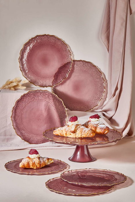 Hermia Goblen - Damson Juego de Platos para Postre de Vidrio con Soporte, 7 Piezas Hermia Goblen - Damson Juego de Platos para Postre de Vidrio con Soporte, 7 Piezas